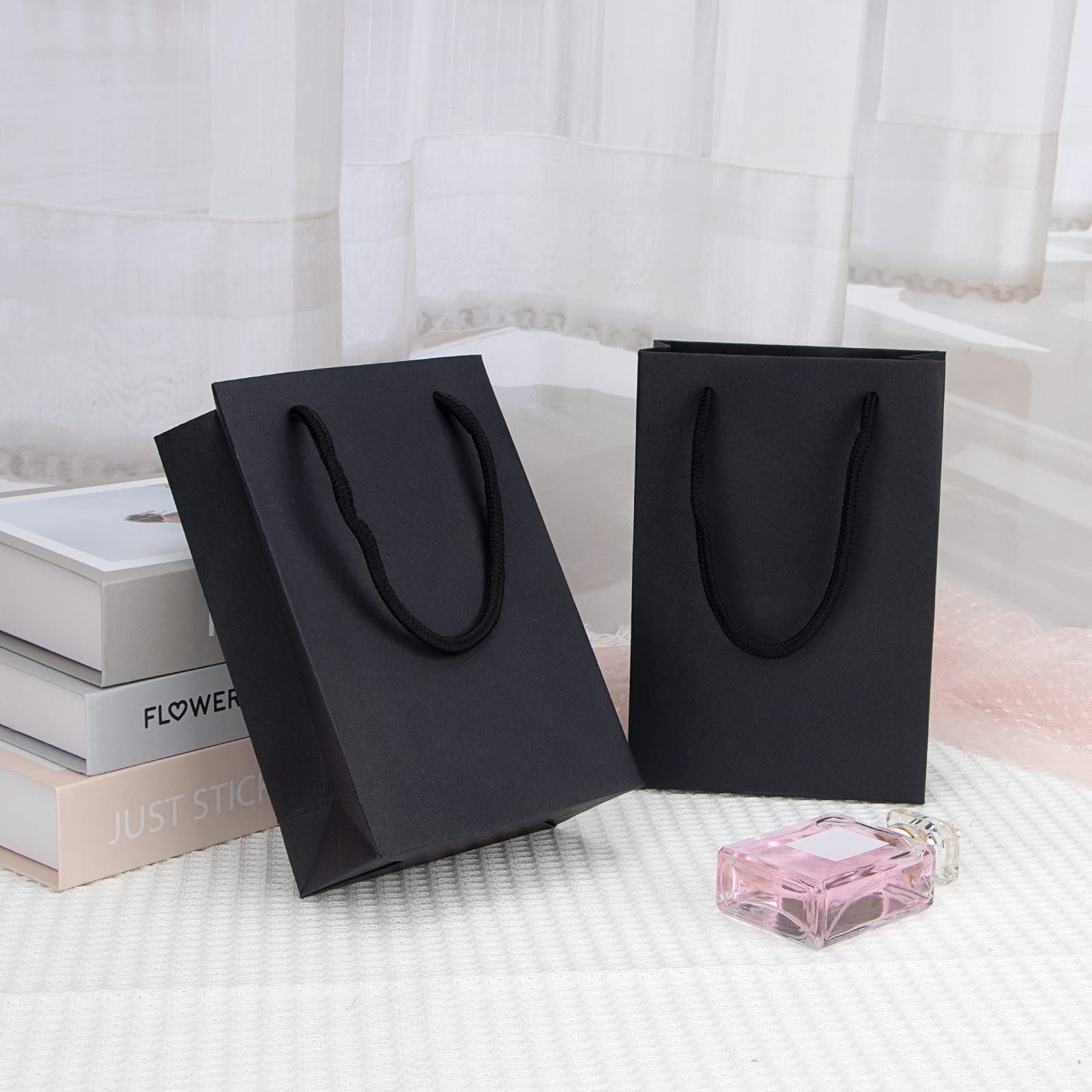 50 Pack Mini Black Gift Bags with Cotton Handle - 5.1x2.4x7.5 Inch Small Matte Kraft Paper Bags for Party Favors, Wedding, Birthday Gifts & Retail Packaging