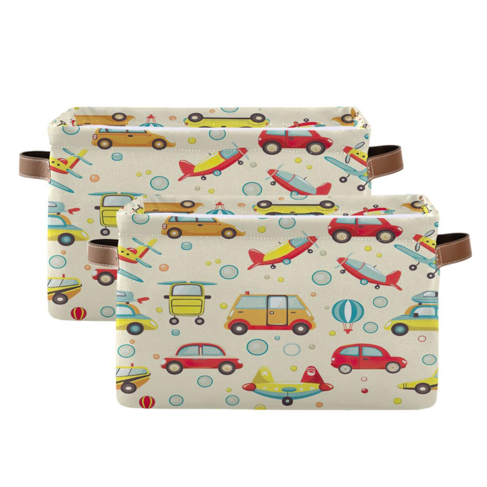Foldable Cartoon Car Storage Bins with Handles (2-Pack) - Large Square Multi-Functional Organizer for Toys, Books & Clothes | Perfect for Kids' Room, Nursery & Closet Organization