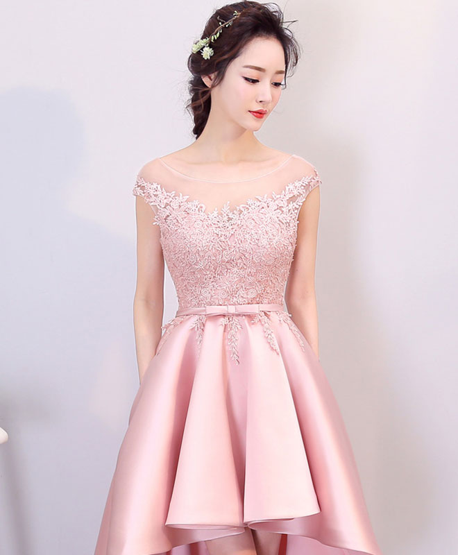 Elegant Pink High-Low Lace Prom Dress for Women - Formal Bridesmaid Gown with Flowy Skirt - Perfect for Weddings, Parties & Special Occasions