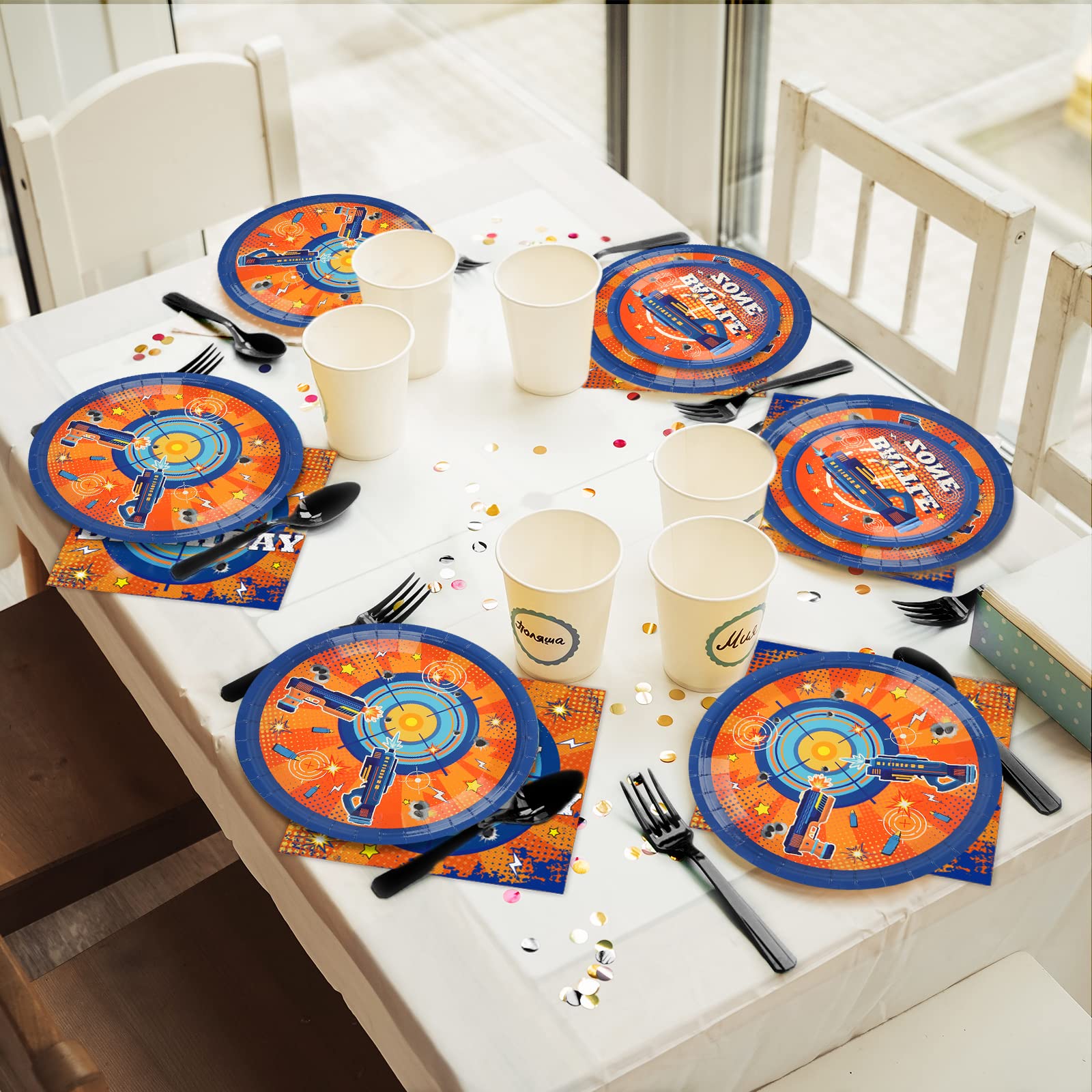 96 Pcs Dart War Party Supplies Set - Blue & Orange Themed Plates, Napkins for Kids Birthday, Baby Shower - Fun Tableware Decorations for Boys' Dart War Party (Serves 24) - Perfect for Birthday Celebrations, Game Nights & Themed Events