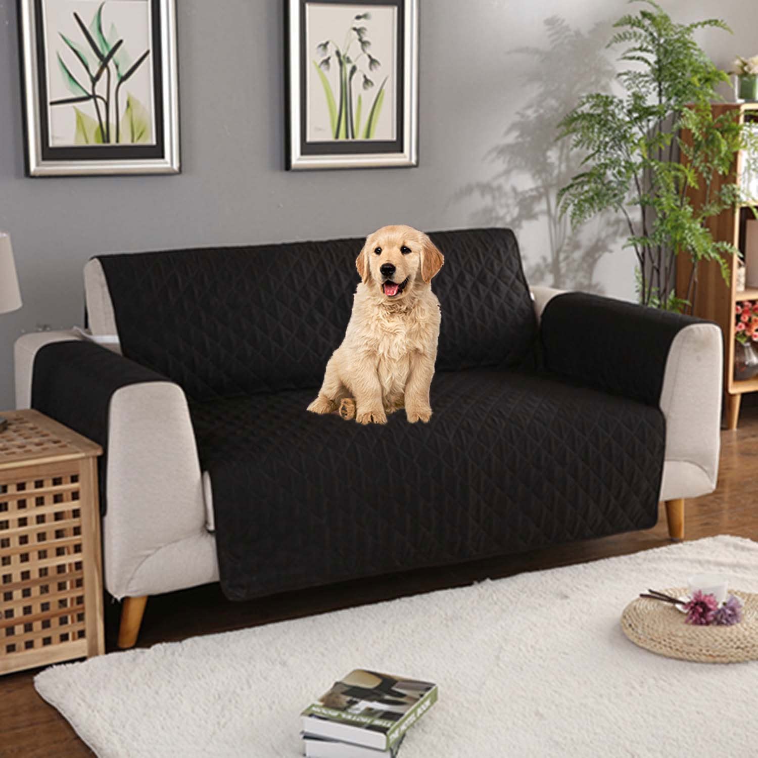 Waterproof Reversible Sofa Slipcover for 1 2 3 Seater Couch - Stretchable Furniture Protector with Elastic Straps - Black - Perfect for Living Room, Pets & Home Decor