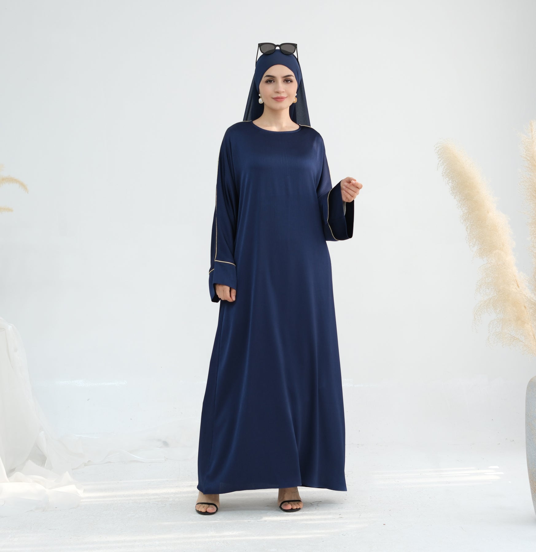 Stylish Ayana Textured Piping Detail Abaya Dress in Blue - Perfect for Modest Fashion, Prayer Outfits & Special Occasions
