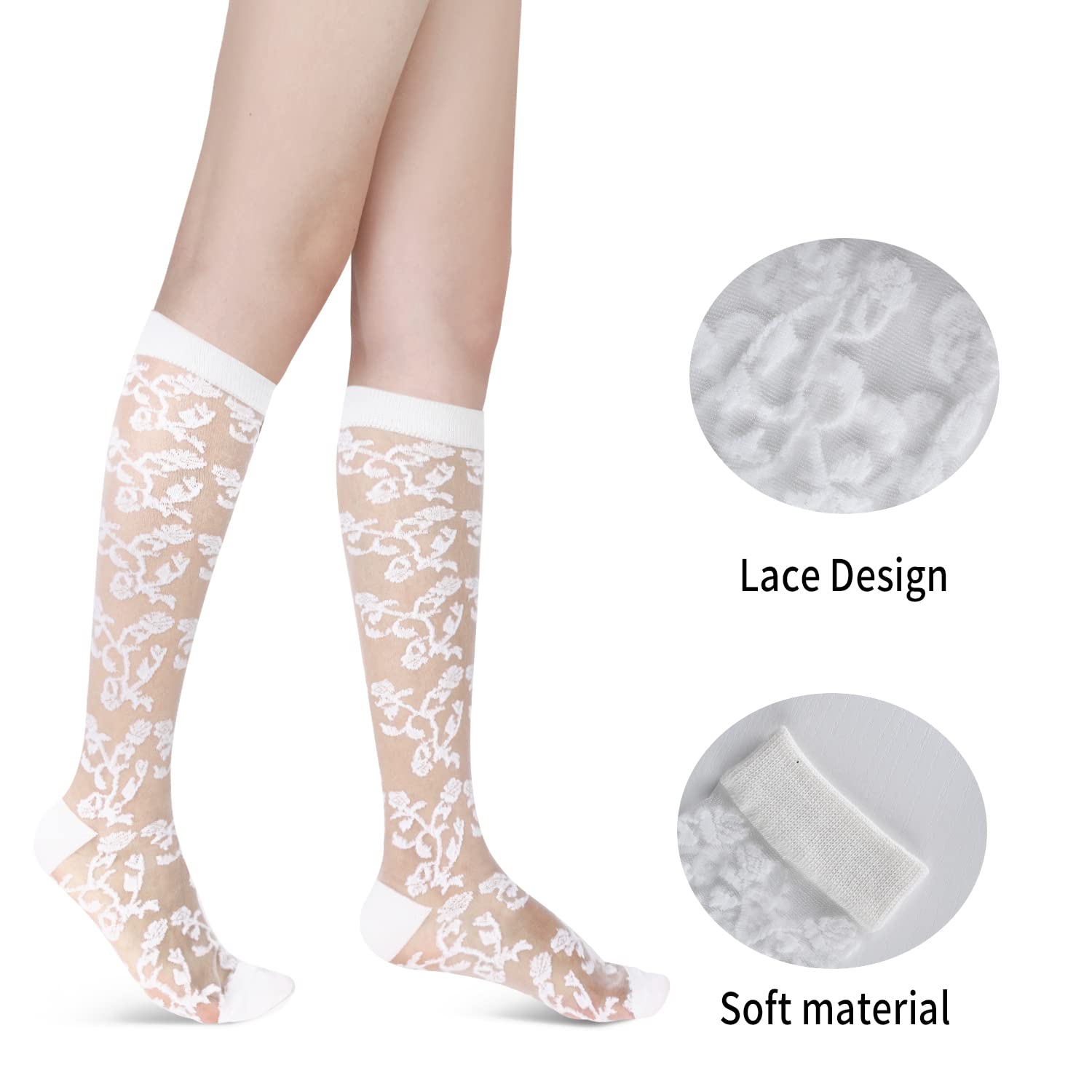 Benefeet Women's Sheer Knee High Socks - Black & White Lace Stockings for Kawaii Lolita Fashion