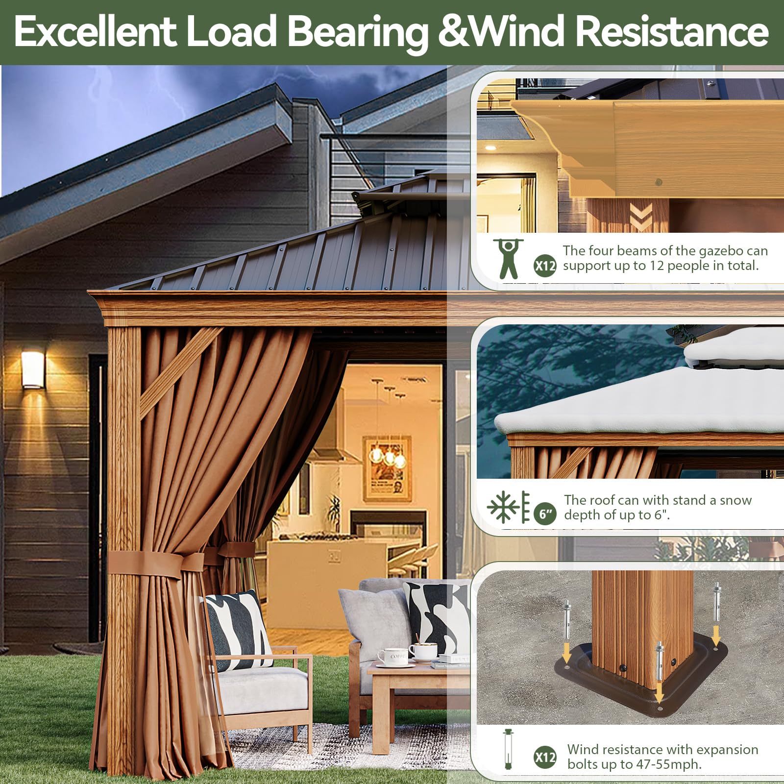 Aoxun 10' x 12' Hardtop Gazebo with Wooden Finish - Aluminum Frame & Galvanized Steel Double Roof - Permanent Outdoor Metal Pavilion with Curtains & Netting - Perfect for Backyard, Patio, Deck, Garden Parties & Outdoor Entertaining