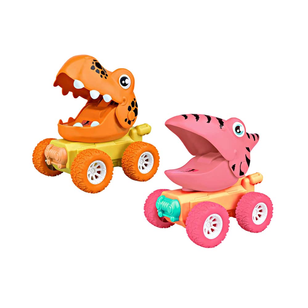 Dinosaur Toy Car & Monster Truck Set for 3-5 Year Old Boys - 2 Pack (Pterodactyl Pink + Tyrannosaurus Orange) - Perfect for Birthday Gifts, Pretend Play & Dinosaur-Themed Parties