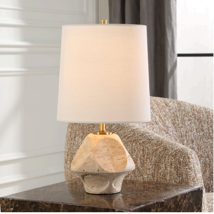 Sculpta Travertine Accent Lamp - Handcrafted Natural Stone Table Lamp for Bedroom, Living Room, and Office Decor - Warm Ambient Lighting for Home and Workspace