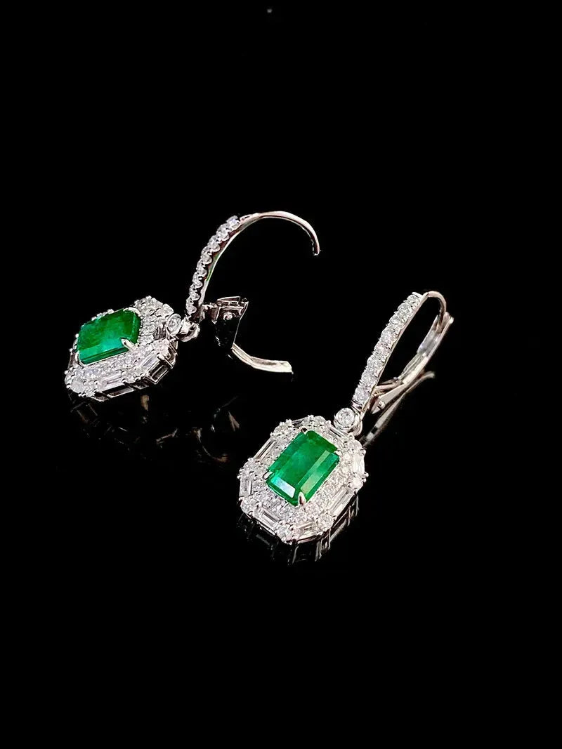 18K White Gold Emerald and Diamond Earrings for Women - Elegant Luxury Party Jewelry with Real Natural Gemstones - Perfect for Weddings, Galas, and Special Occasions