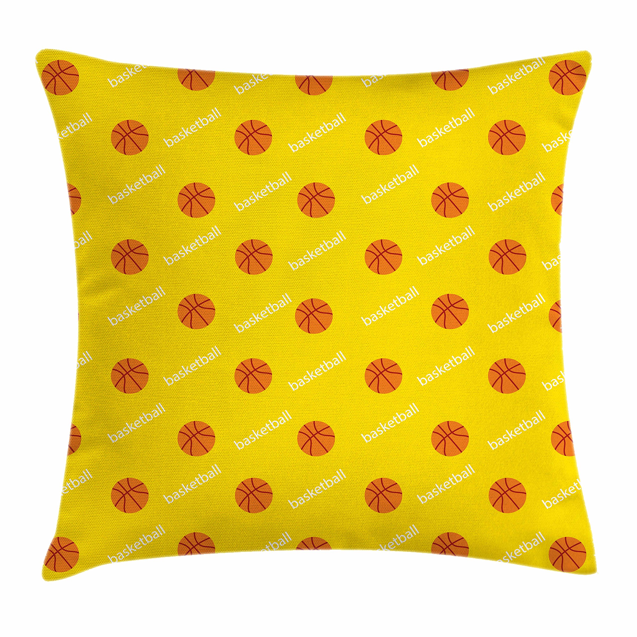 Ambesonne Basketball Pillow Cover 18x18 Inches - NBA Inspired Sports Decor with Basketballs on Yellow Background - Orange Yellow White Square Throw Pillow Case for Living Room, Game Room & Dorm Decor