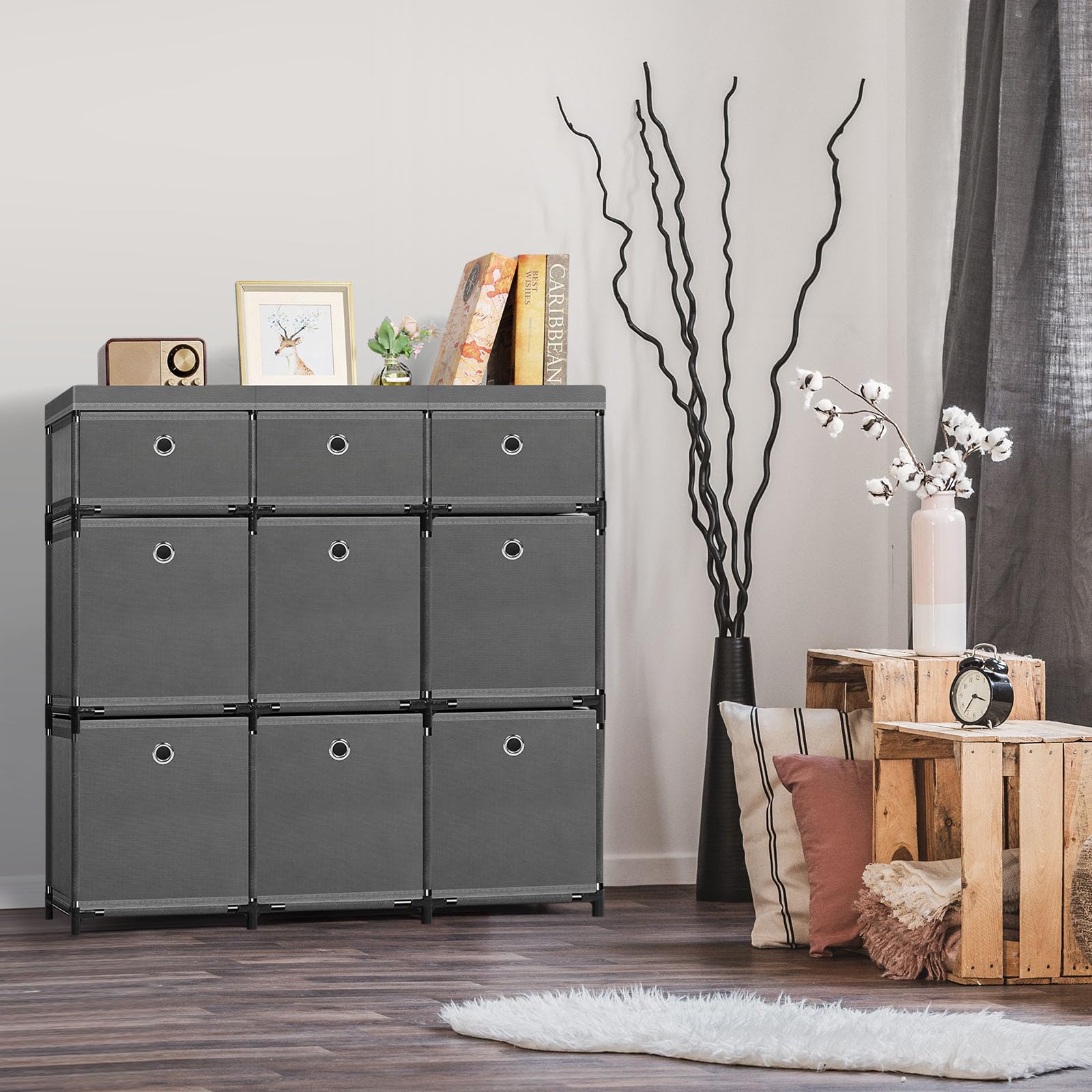 HAITRAL 9-Cube Fabric Storage Organizer for Closet & Bedroom - Grey