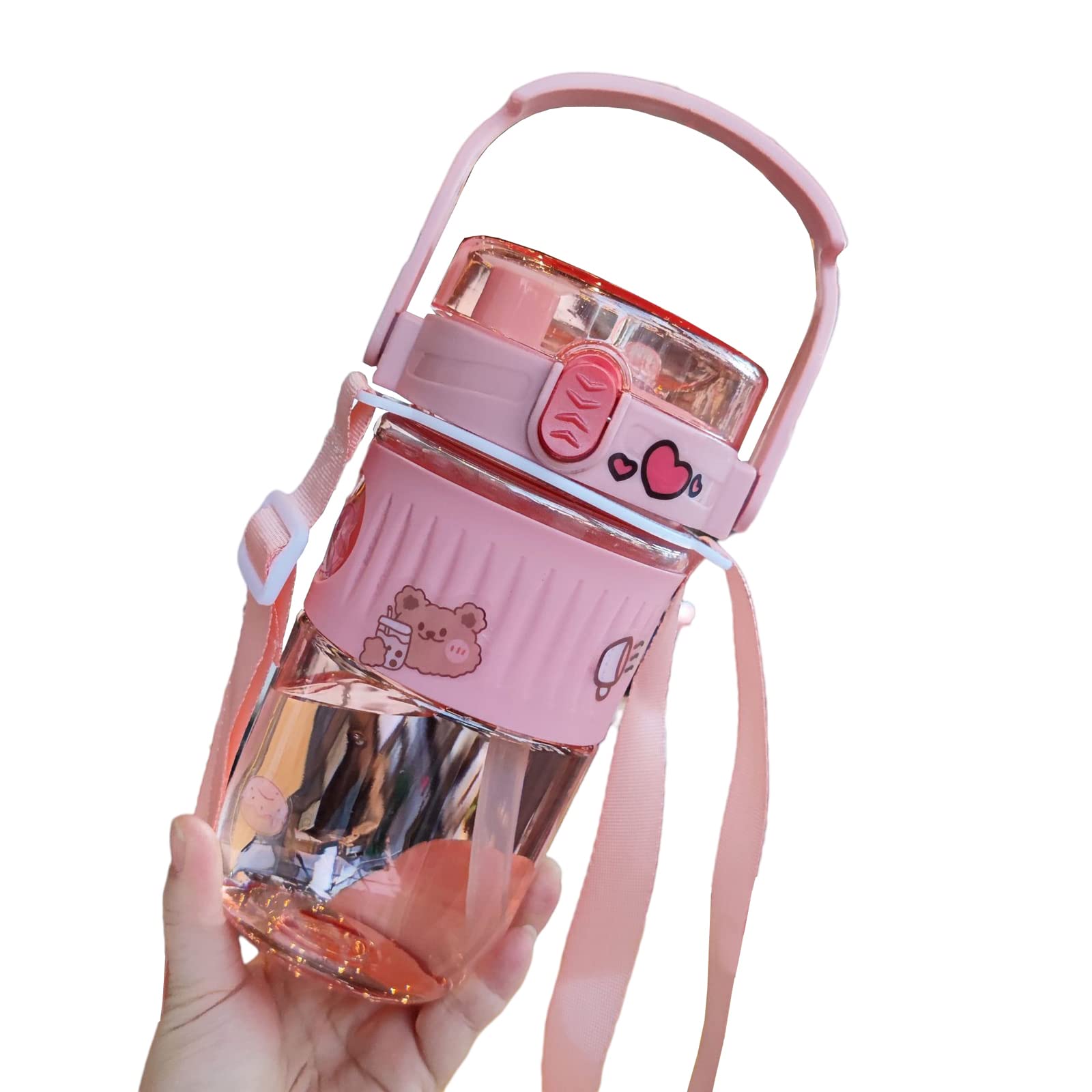 Kawaii Straw Water Bottle 605ML - Portable Large Capacity Plastic Cup with Cute Stickers for School & Gym (Pink)