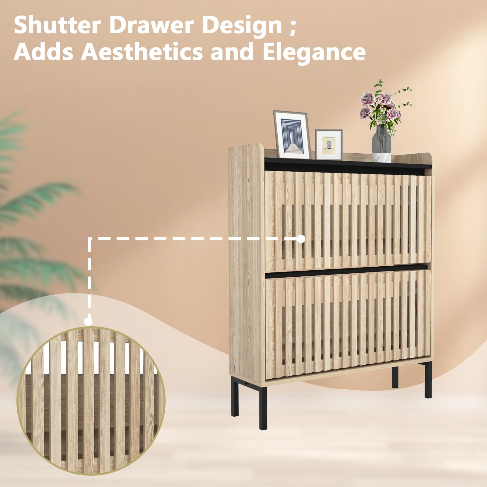 Slim Hidden Shoe Storage Cabinet with 2 Flip Drawers - Space Saving Entryway Shoe Organizer with Metal Legs for Hallway, Living Room & Bedroom - Perfect for Small Apartments & Closet Organization