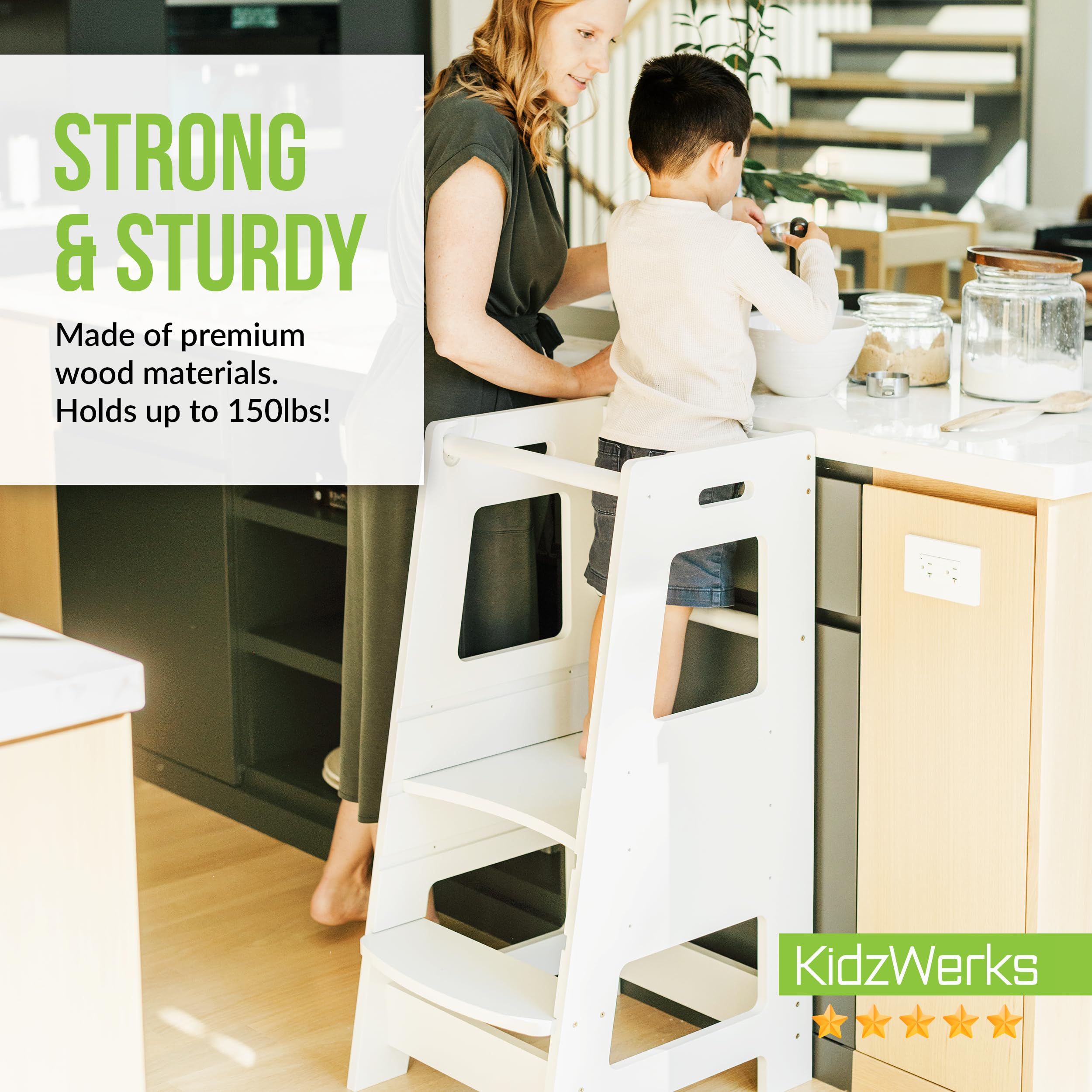 Montessori Wooden Step Stool for Kids - Adjustable Kitchen Helper Tower & Toddler Learning Stool - Safe Standing Platform for Baking, Cooking & Playtime - White