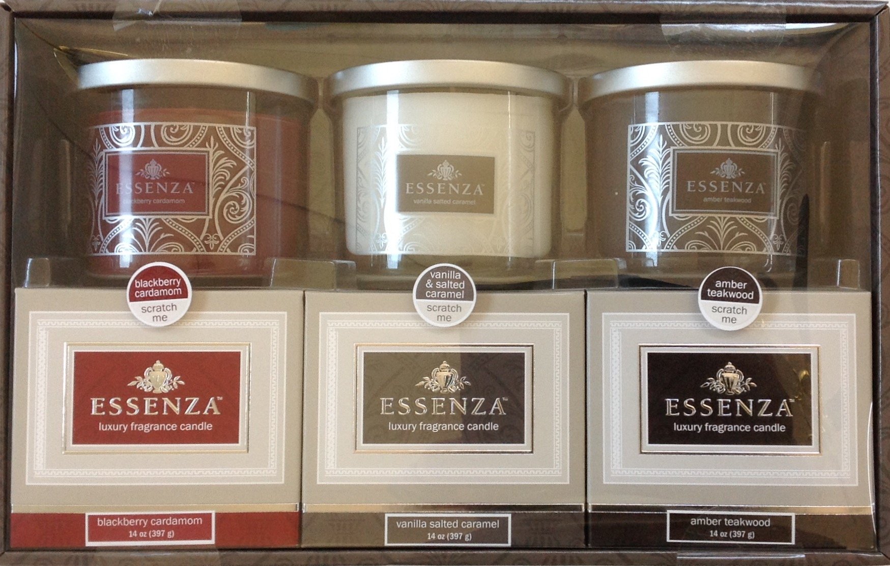 ESSENZA Luxury Scented Candles 3-Piece Gift Set - BlackBerry Cardamom, Vanilla & Amber Teakwood Aromatherapy Candles for Home, Spa & Romantic Ambiance