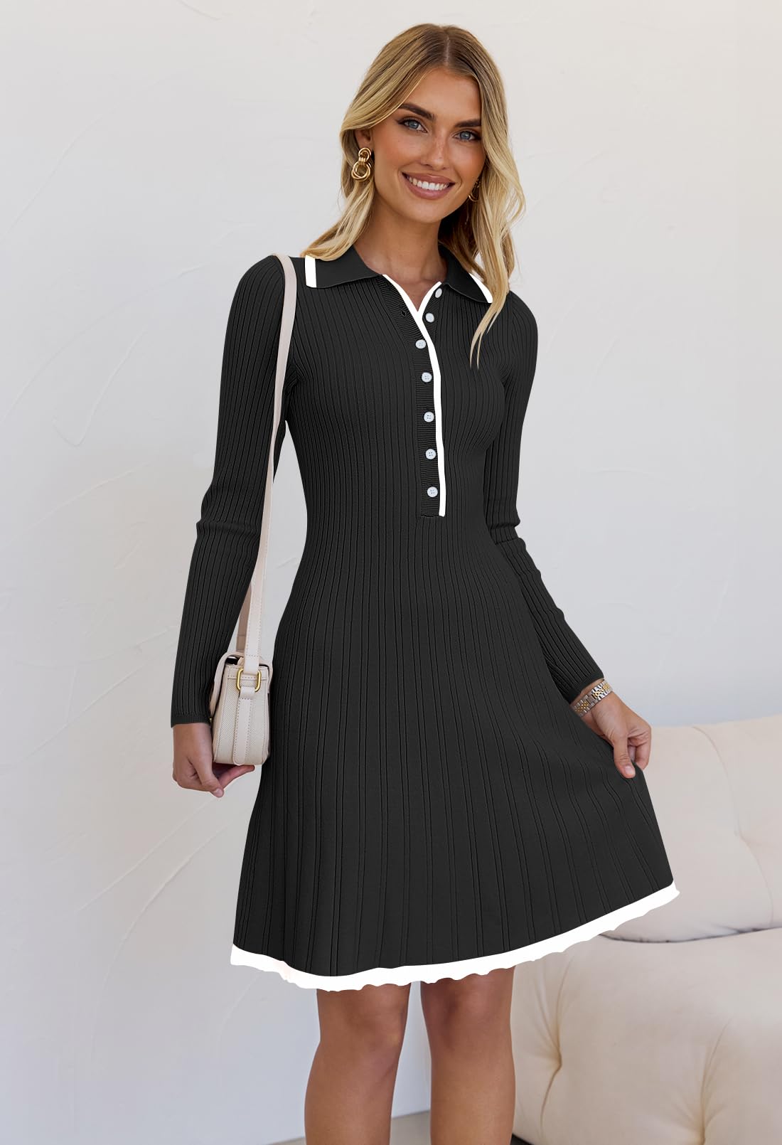 MEROKEETY Women's Long Sleeve V Neck Sweater Dress - 2025 Spring Button Knit Pleated Mini Dress for Work, Office & Casual Wear | Soft Stretchy Comfort Fit for Daily Outfits & Special Occasions