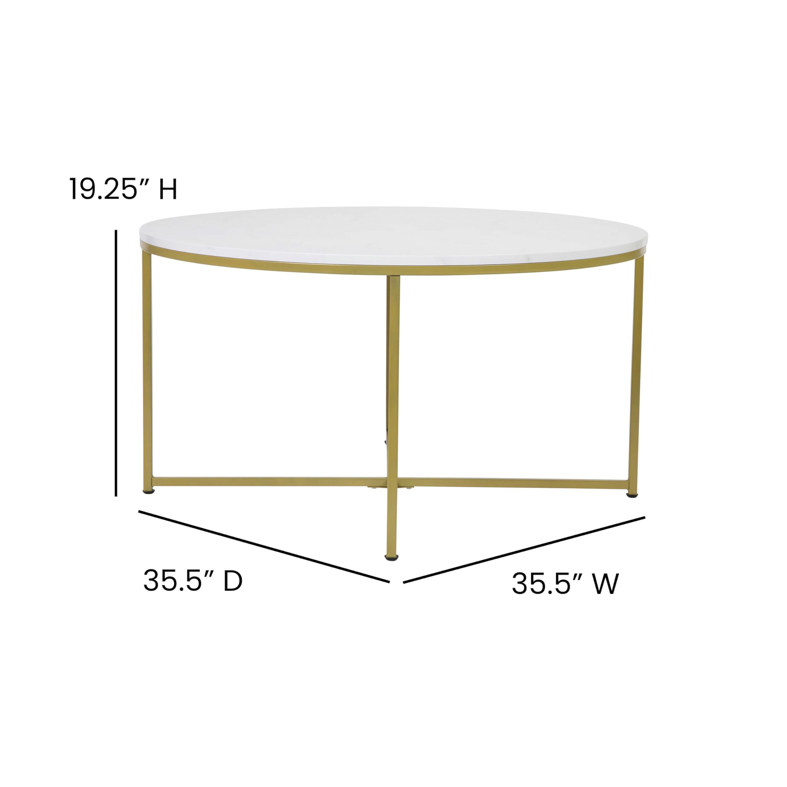 Merrick Lane Fairdale Round 3-Piece Coffee Table Set - White Marble Top with Brushed Gold Crisscross Frame - Coffee Table & 2 Side Tables - Perfect for Living Room, Lounge & Home Decor