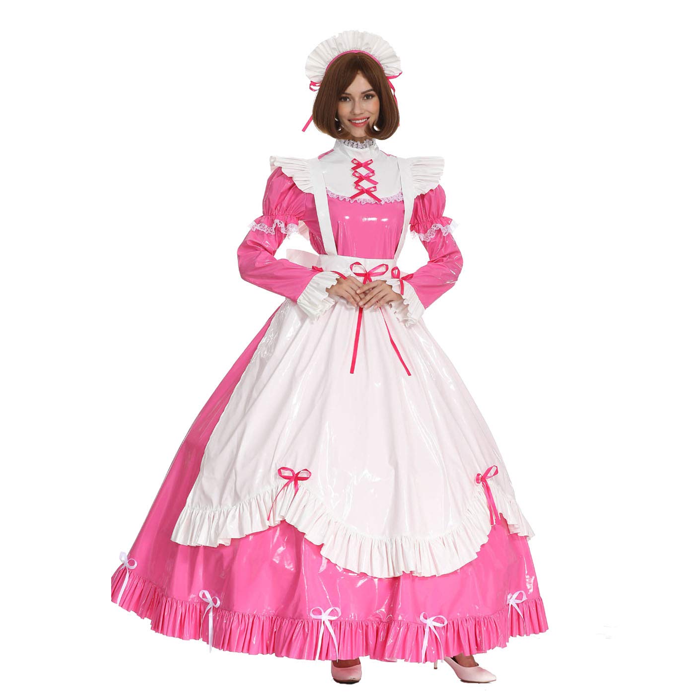 Sexy French Maid Costume for Women - Gothic Lace Bow & PVC Lockable Dress, Long or Short Sleeves | Halloween Cosplay, Bachelorette Party, Role Play Outfit