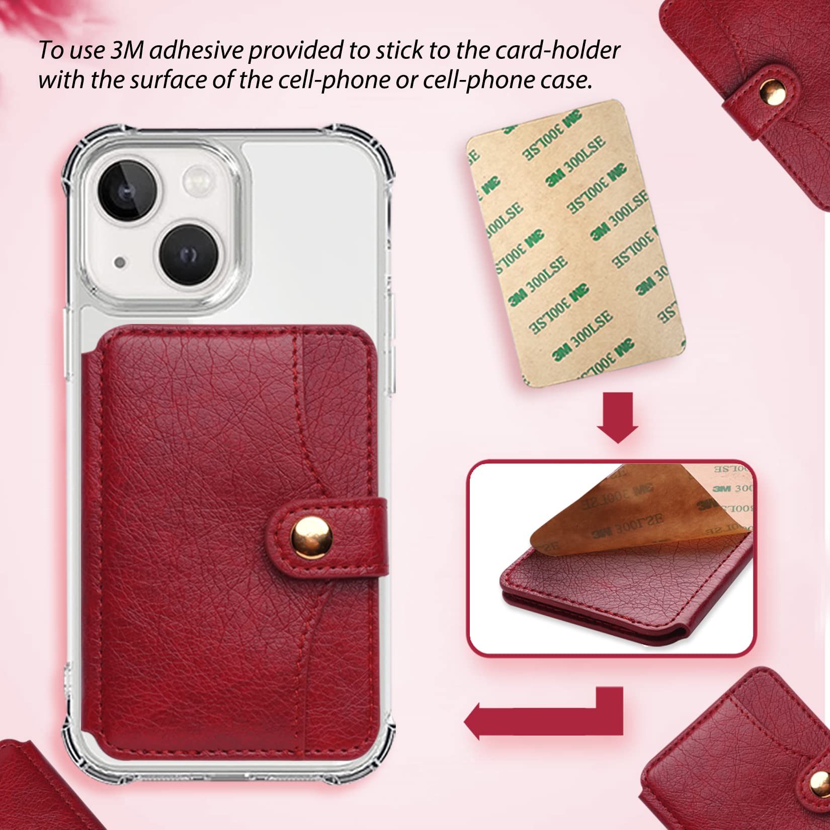 Stick-On Credit Card Holder for iPhone - 3M Adhesive Phone Wallet with Snap Closure | Compatible with Most iPhone Models & Cases (Red) | Perfect for Hands-Free Shopping, Travel & Everyday Use