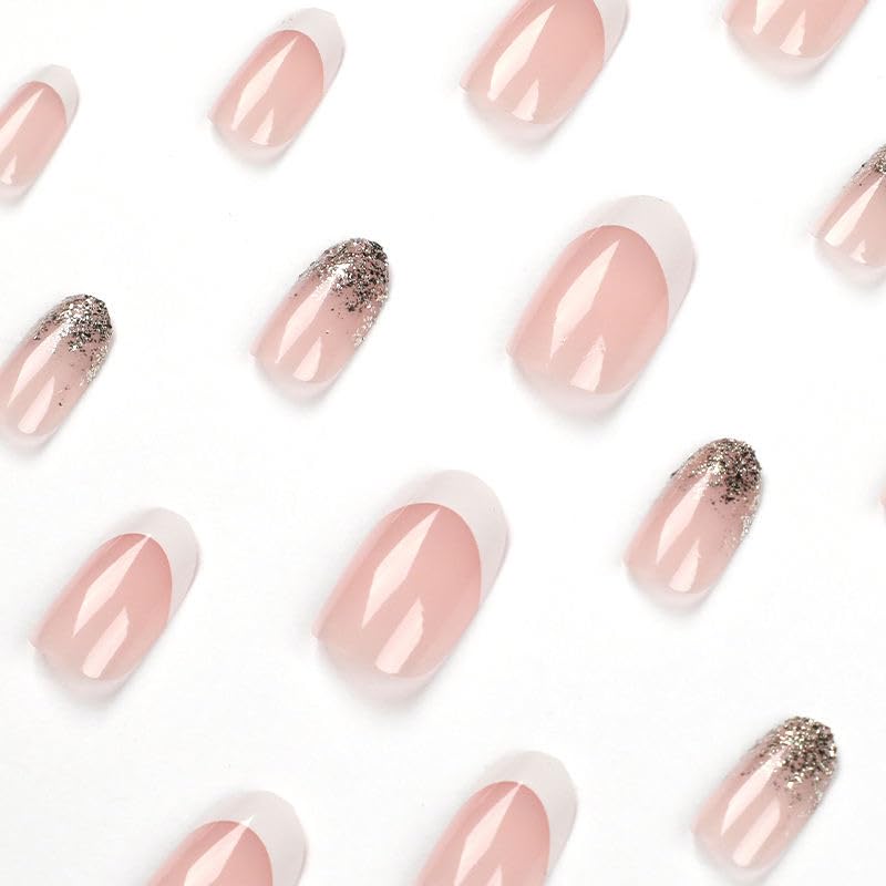 Wondertrail Acrylic Press-On Nails Set - 24pcs White French Glitter Ombre Fake Nails with Glue Kit | Reusable Oval Shaped Artificial Nails for Women | Perfect for Parties, Weddings & Everyday Wear