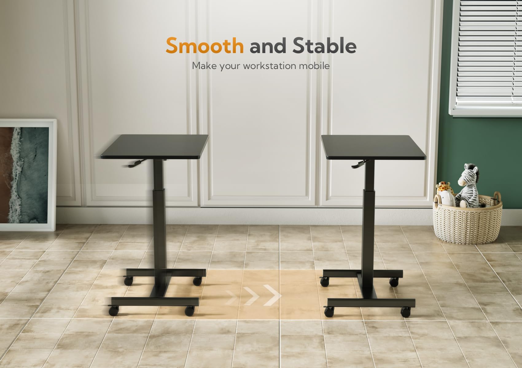 Claiks Adjustable Mobile Standing Desk with Wheels - Compact Rolling Workstation for Home Office, Pneumatic Height Laptop Desk with Hook (Black) - Perfect for Small Spaces, Remote Work & Ergonomic Workspaces