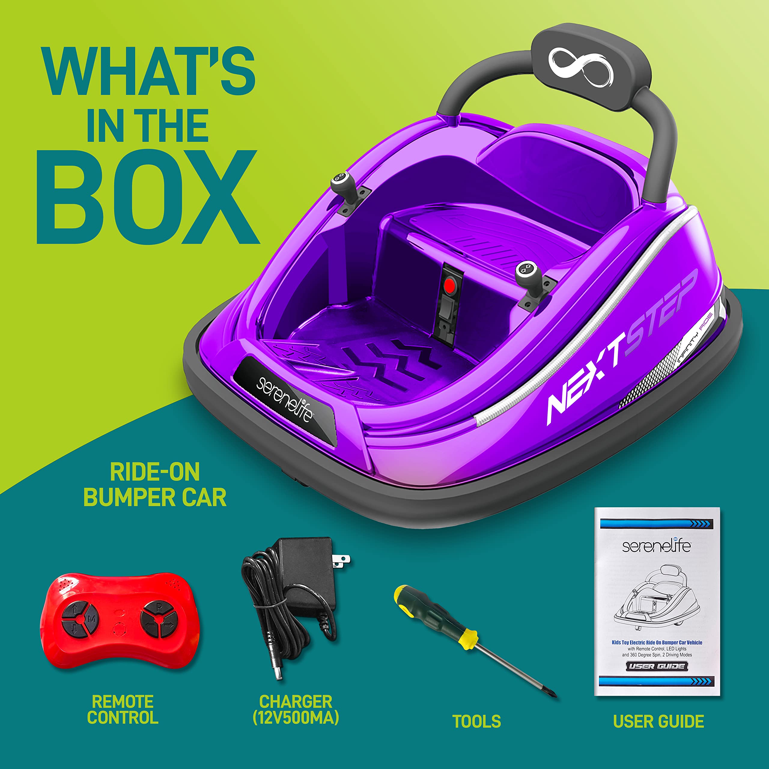 SereneLife 12V Electric Bumper Car for Kids - Rechargeable Battery Powered Ride On Toy with 2 Speed Modes, Parent Remote Control & Safety Features - Perfect for Indoor & Outdoor Play, Birthday Gifts (Purple)