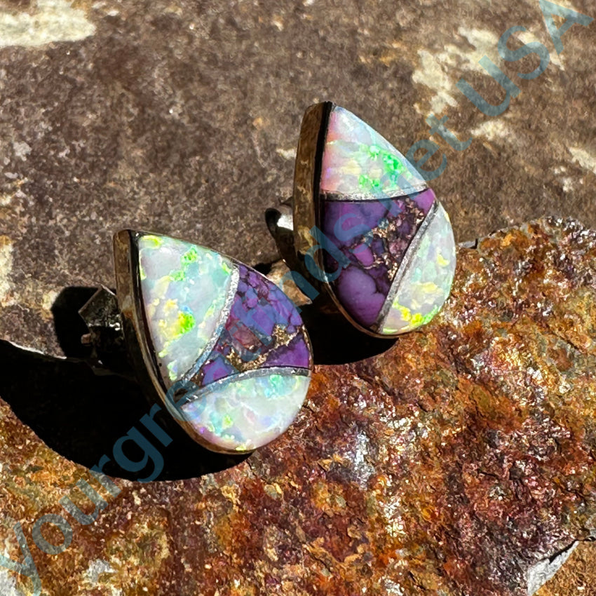 Opal & Mojave Purple Turquoise Sterling Silver Stud Earrings for Women | Dainty Pierced Post Jewelry for Everyday Wear & Special Occasions