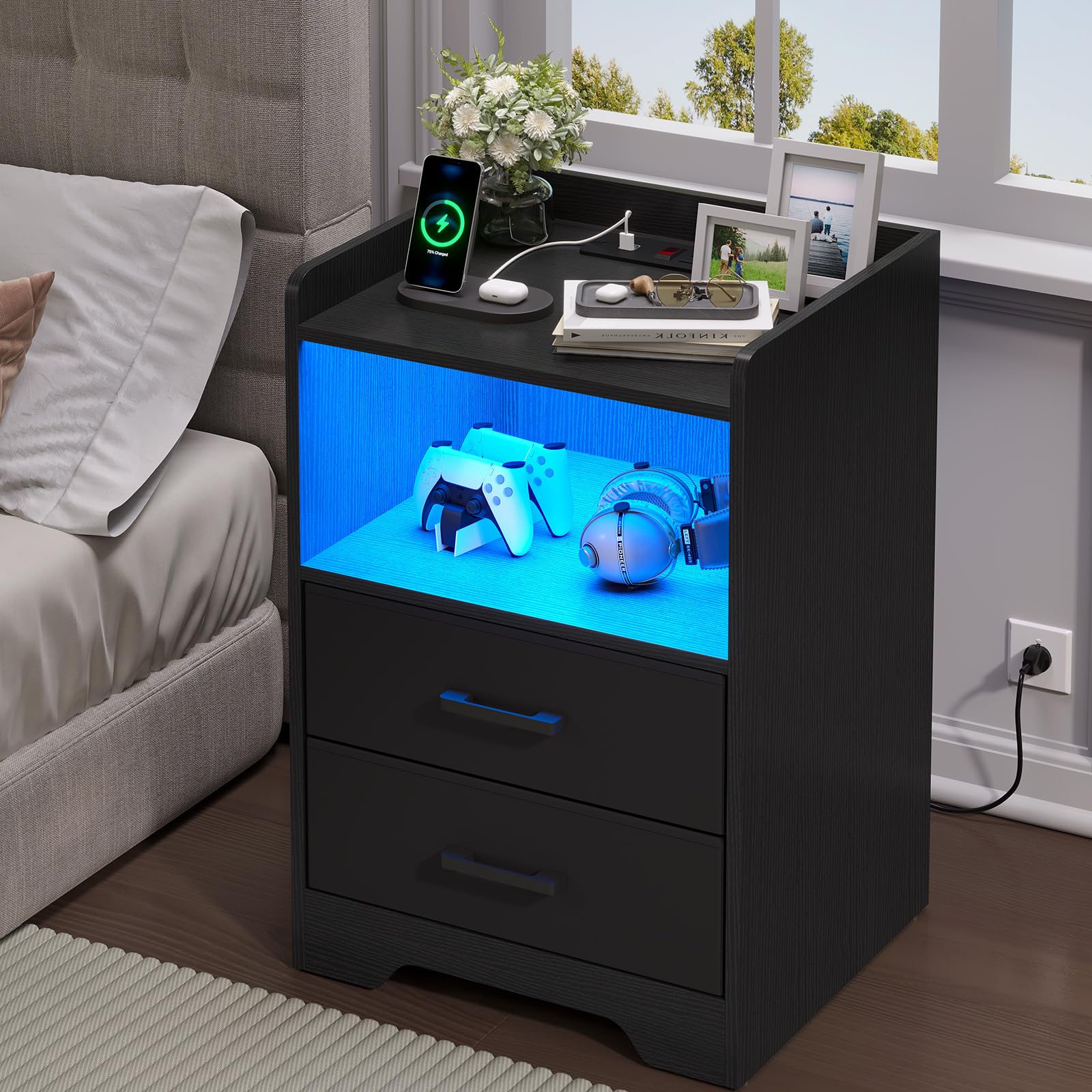 Hasuit Modern Night Stand Set of 2 with LED Lights & USB Charging Station, Black Bedside End Tables with 2 Fabric Storage Drawers for Bedroom - Perfect for Small Spaces, Apartment Living & Guest Room Decor