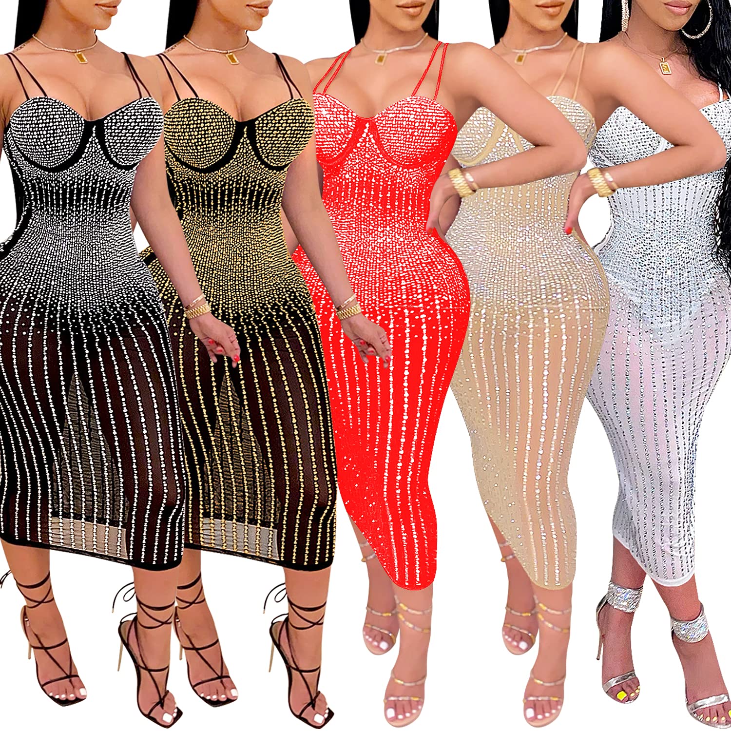 PORRCEY Women's Rhinestone Sleeveless Party Dress - Sexy Elegant Clubwear for Night Out, Evening Gala & Special Occasions