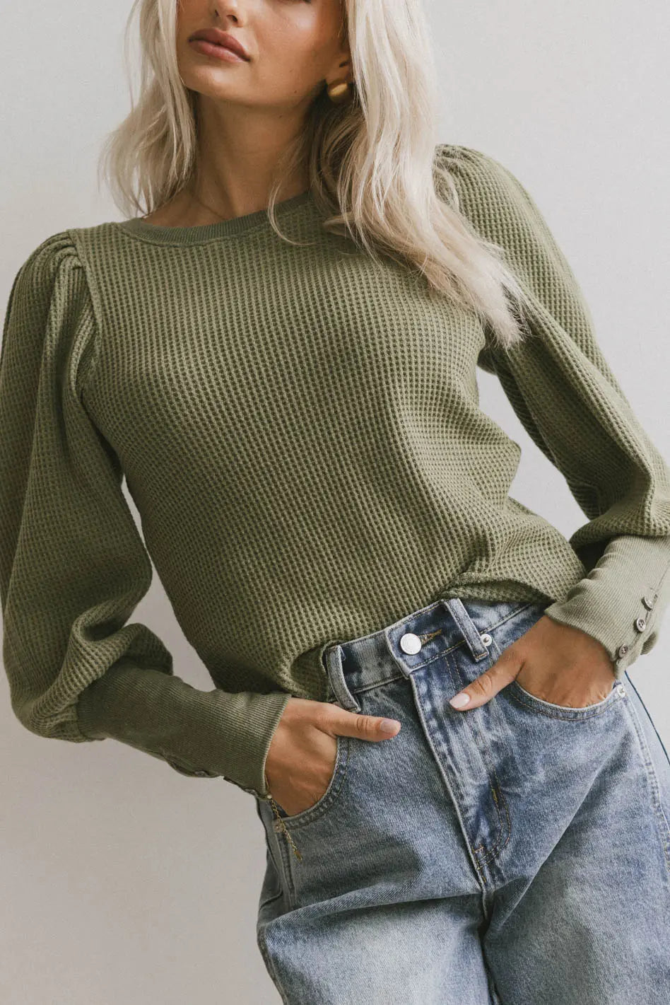 Lettie Waffle Knit Top Women's Olive Green Long Sleeve Shirt - Cozy Casual Loungewear for Fall & Winter | Final Sale