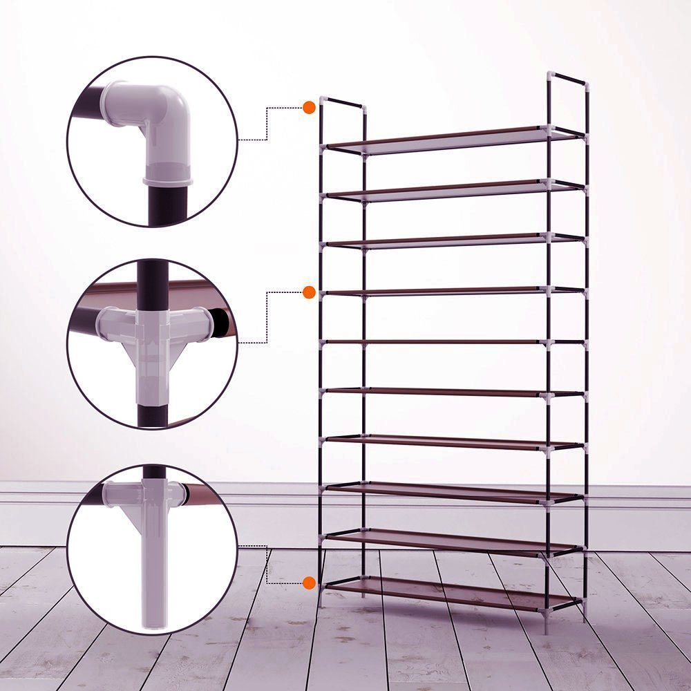 WEI WEI GLOBAL 10-Tier Shoe Rack Organizer - Space Saving Non-Woven Fabric Shoe Storage Cabinet for 50 Pairs - Dark Brown Shoe Tower Shelf for Closet, Bedroom & Entryway Organization