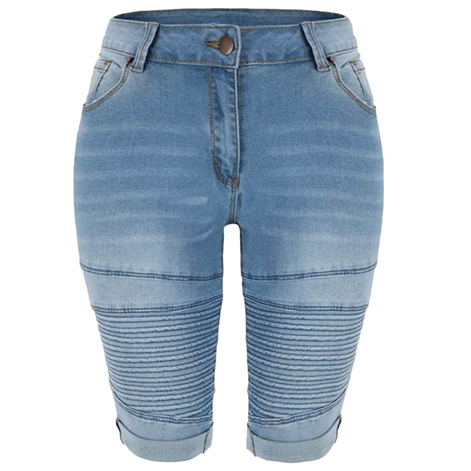 Women's High Waist Stretchy Denim Shorts - Butt-Lifting Moto Bermuda Jeans for Summer | Knee Length Wrinkle-Resistant Curvy Fit | Small Size Dark Blue | Perfect for Casual Outings, Beach Vacations & Streetwear Fashion