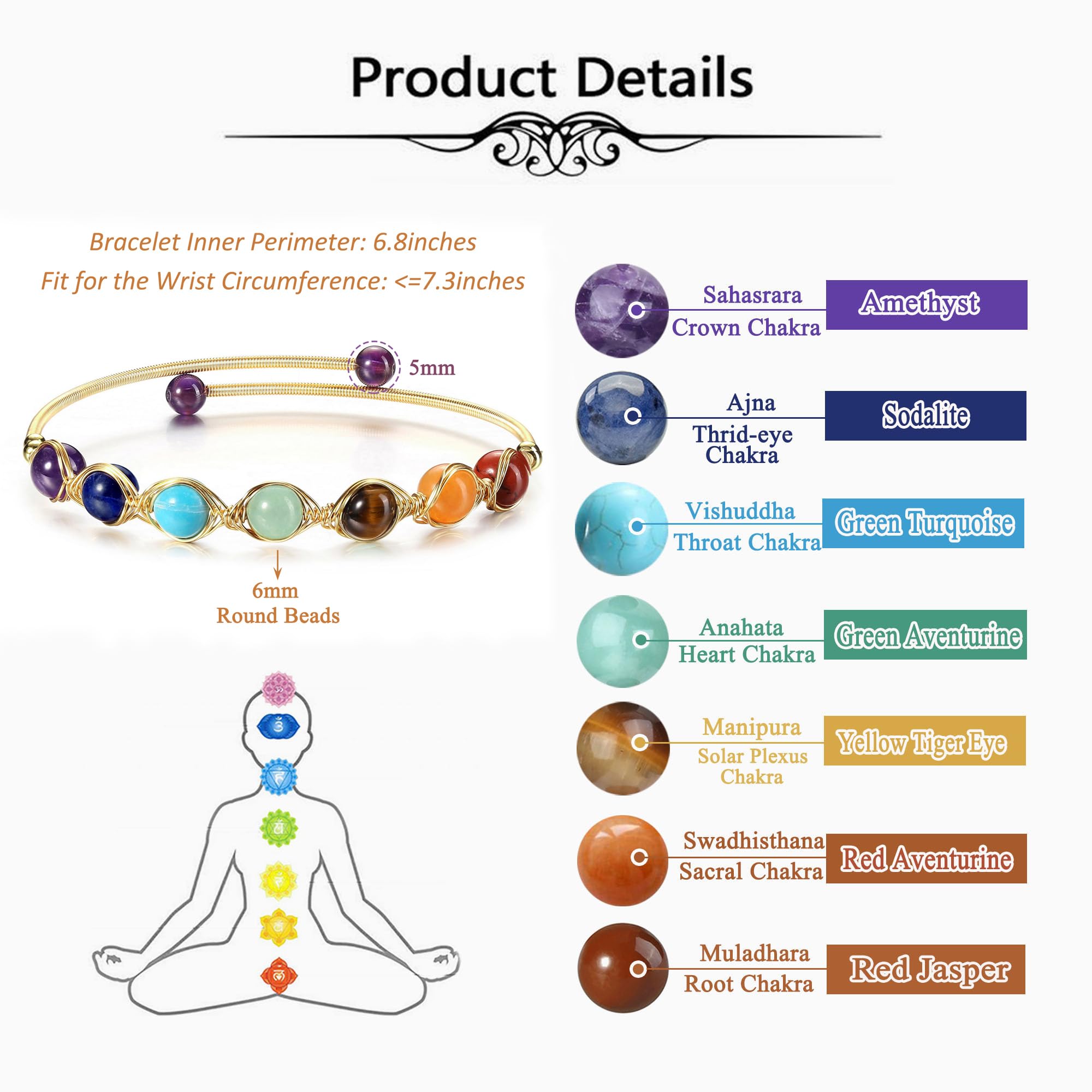 7 Chakra Healing Crystal Stone Bead Adjustable Ankle Bracelet - 14K Gold Plated Spiritual Jewelry for Women, Ladies, Mom | Birthday Gift, Meditation, Yoga, Energy Balancing Accessory