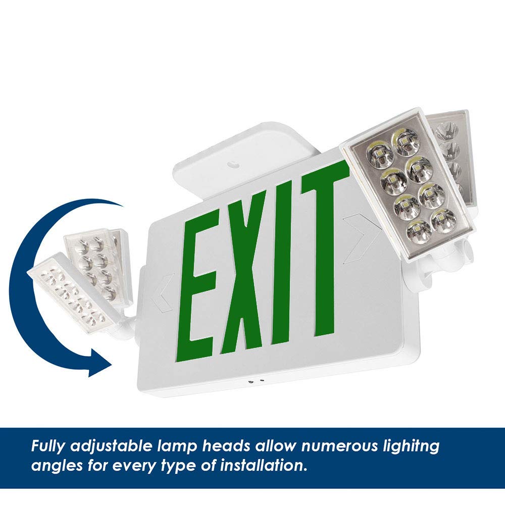 LFI Lights - UL Listed Thin Combo Green LED Exit Sign with Emergency Lights | White Housing | 2 Adjustable Heads | Hardwired with Battery Backup (2 Pack) | Perfect for Offices, Schools & Commercial Buildings
