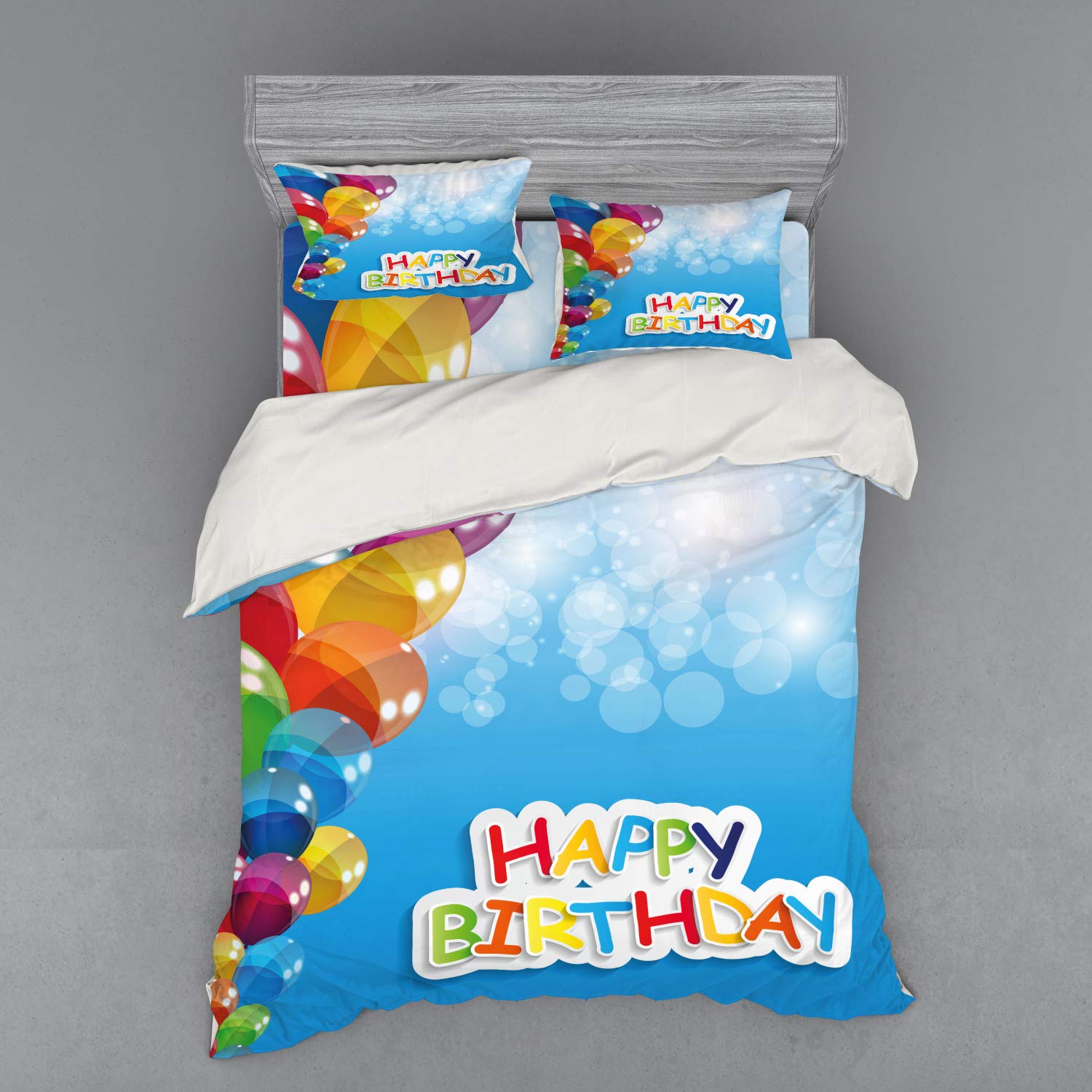 Ambesonne Vibrant Balloons in The Sky Duvet Cover Set - 4 Piece Queen Size Bedding with Shams & Fitted Sheet, Abstract Air Celebration Theme - Perfect for Birthday Parties & Kids Room Decor