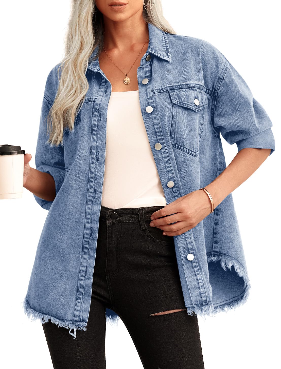 HWOKEFEIYU Women's Oversized Denim Jacket - Distressed Boyfriend Style Long Jean Coat for Casual Wear | Perfect for Street Style, Layering & Everyday Outfits
