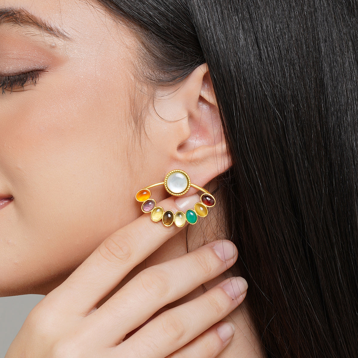 Navratna Stud Earrings for Women - 9 Gemstone Sterling Silver Earrings for Daily Wear & Spiritual Healing | Perfect for Meditation, Yoga & Festive Occasions