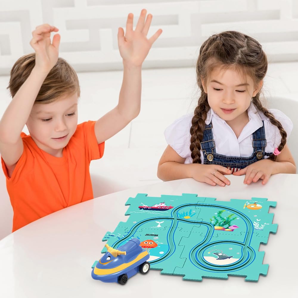 2024 Upgraded DIY Electric Trolley & Toddler Puzzle Track Play Set - Montessori Building Toys with Vehicles & Rail Cars for Kids Ages 3+ (Ocean Theme) | Perfect for Early Learning, Creative Play & STEM Development