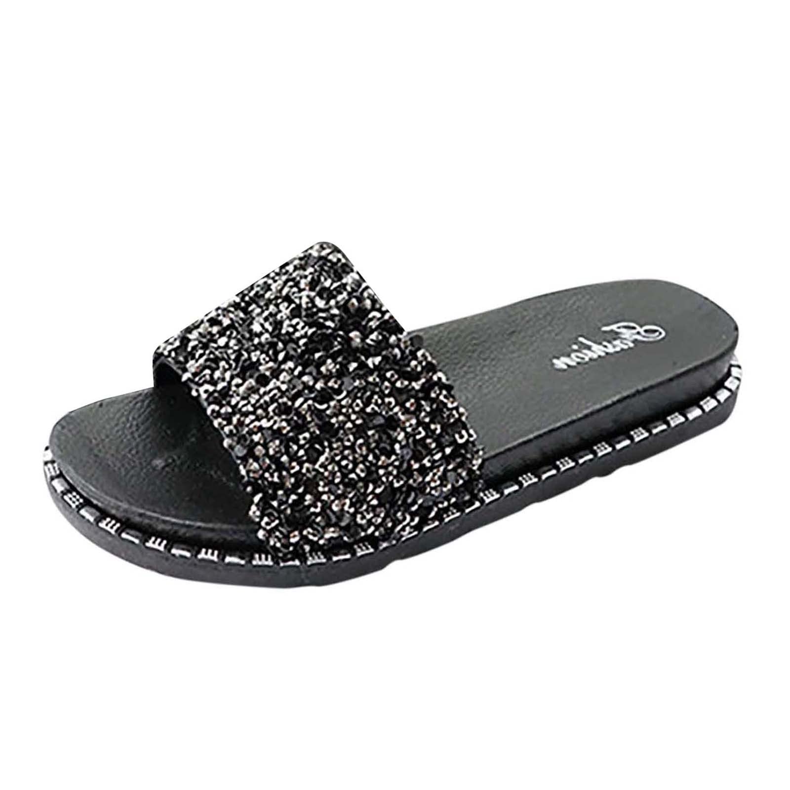 Women's Summer Slippers - Crystal Embellished Roman Sandals with Comfortable Flat Sole for Outdoor Wear | Perfect for Beach, Poolside, and Casual Outings
