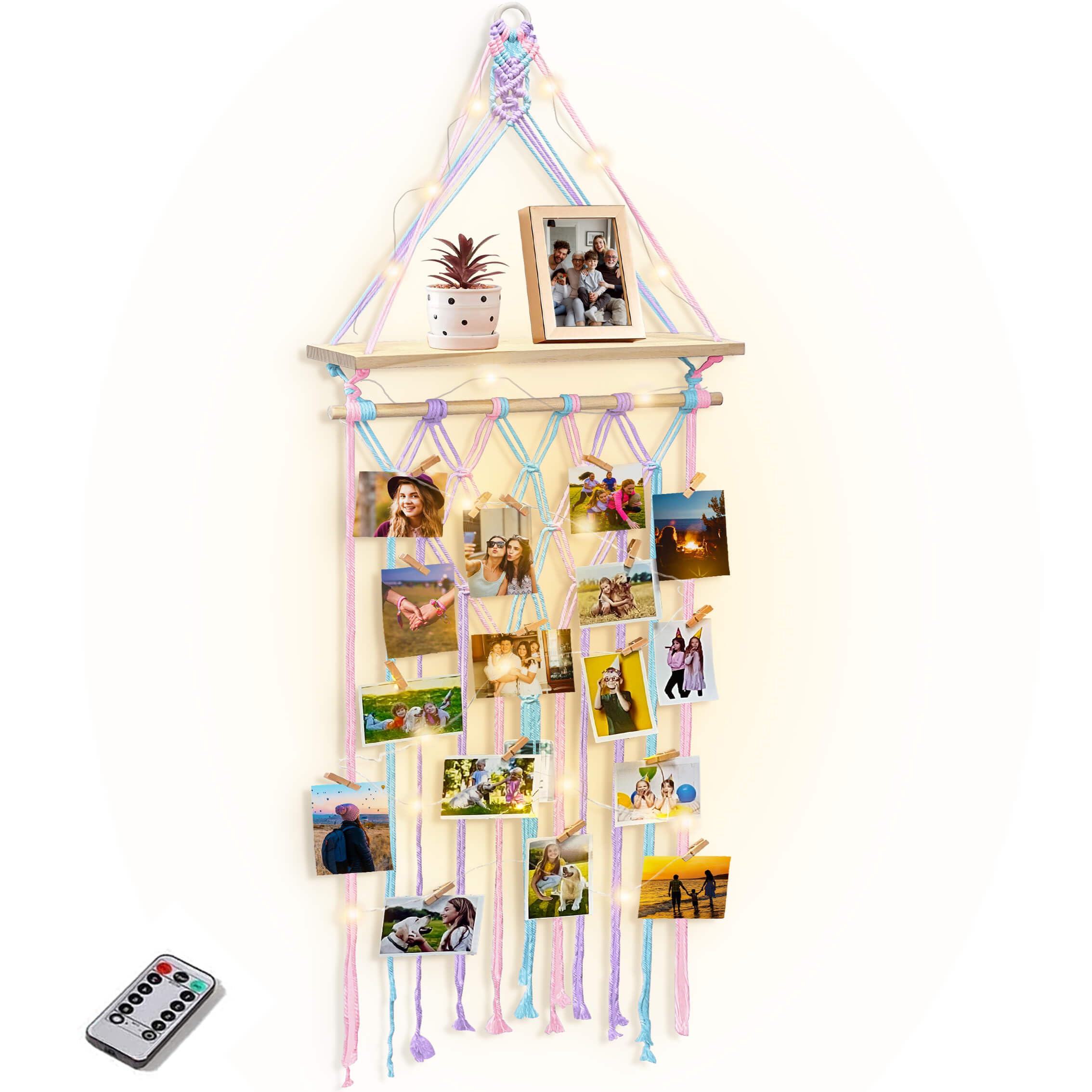 Bohemian Macrame Wall Hanging Shelves with 30 Clips - Photo Display & Room Decor for Teen Girls, Dorm Bedroom Aesthetic, Christmas Birthday Gifts | Perfect for Picture Collages, Wall Organization & Boho Home Decor