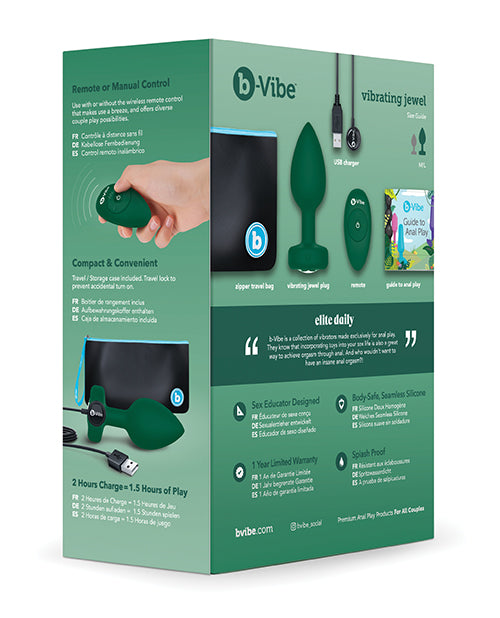 B Vibe Rechargeable Vibrating Jewel Plug with Remote Control - Silicone Anal Plug for Men & Women - Medium/Large Size - Emerald Green - Perfect for Couples Play & Solo Pleasure