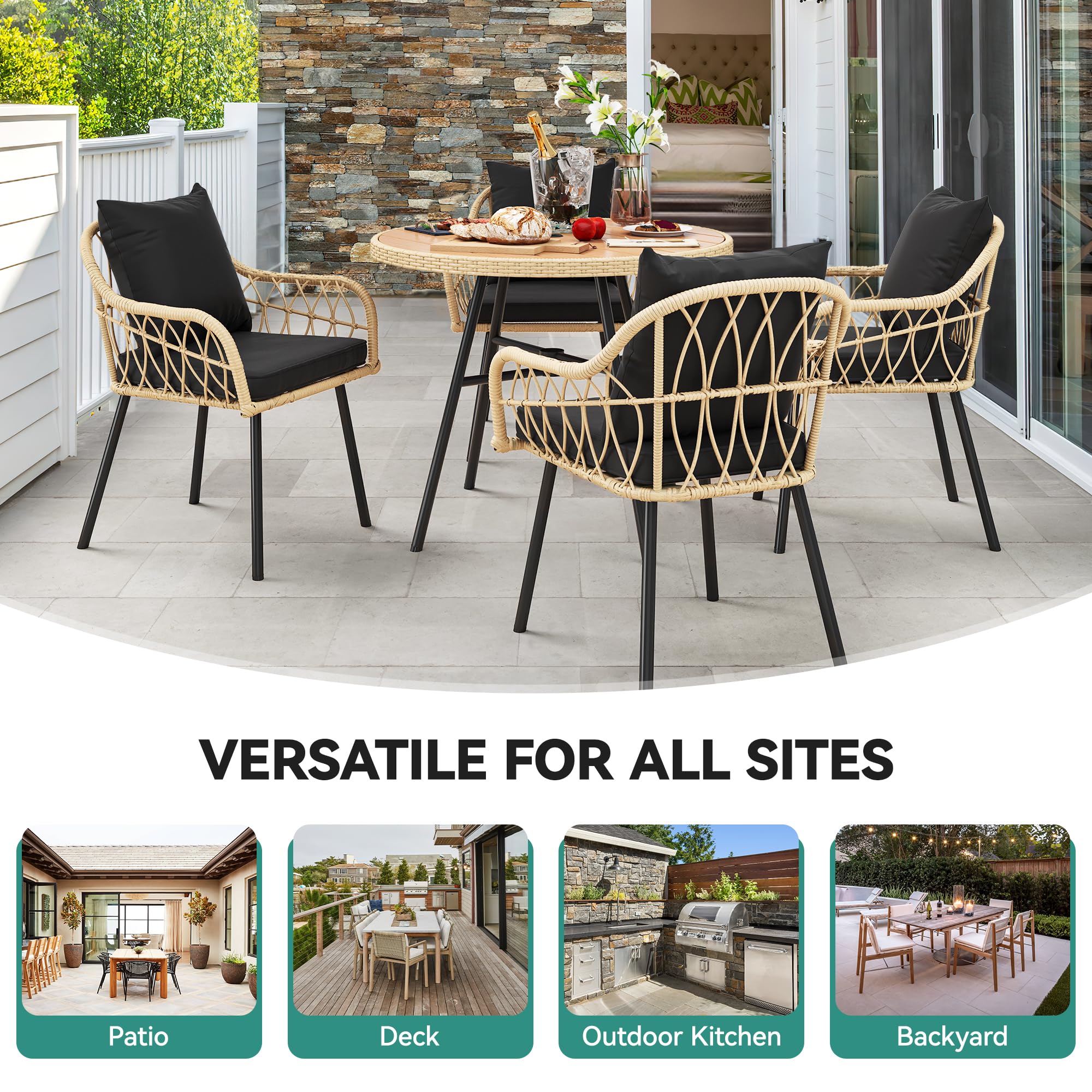YITAHOME 4-Piece Patio Chairs Set, All-Weather Wicker Outdoor Dining Chairs with Comfortable Cushions, Light Brown & Black Rattan Conversation Chairs for Backyard, Deck, Garden, and Poolside Relaxation