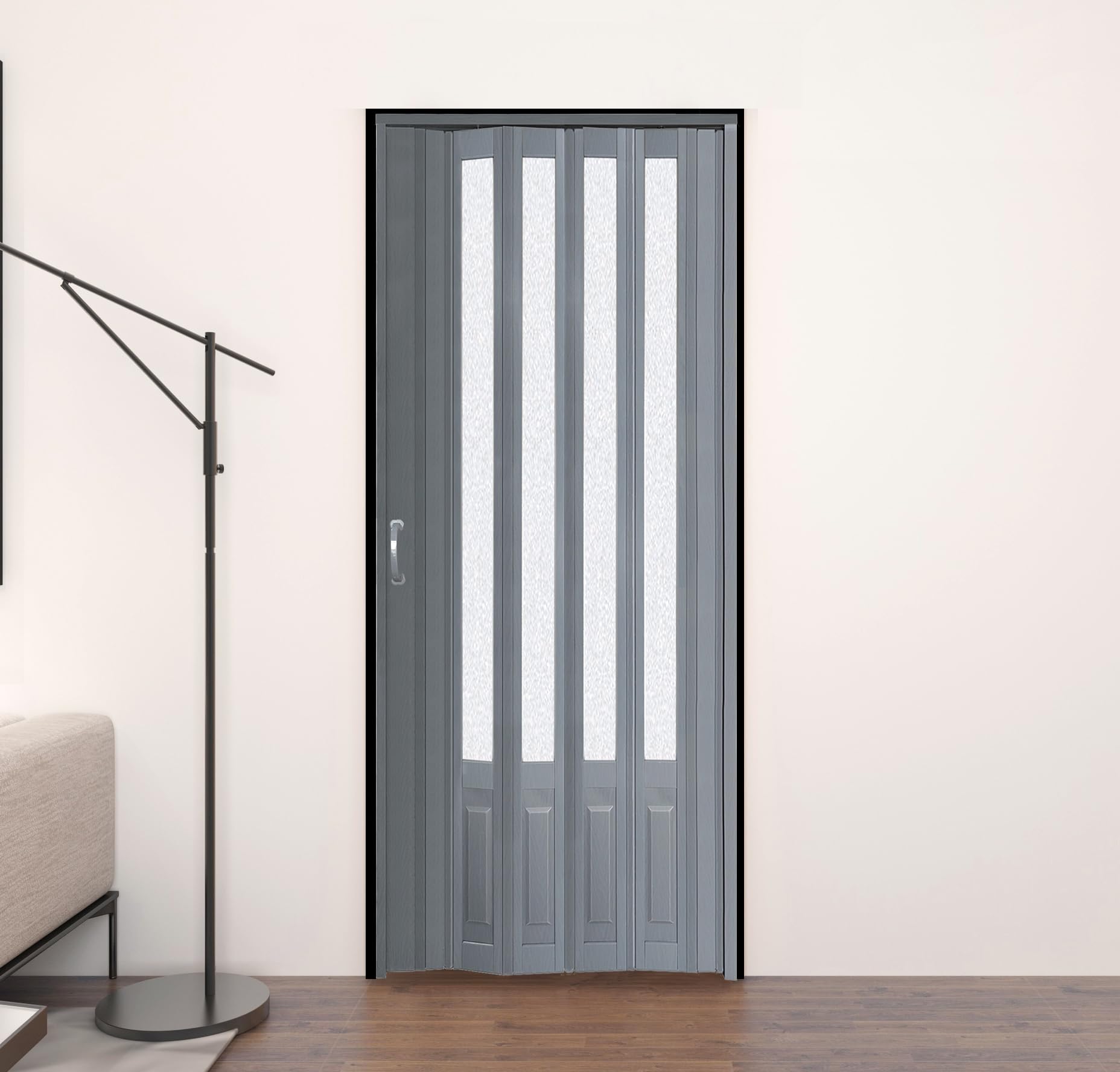 DIYHD 38x96 Inch Grey PVC Accordion Folding Door with Acrylic Glass & Mounting Hardware - Space Saving Multifold Closet Door for Bedroom, Office & Storage Rooms