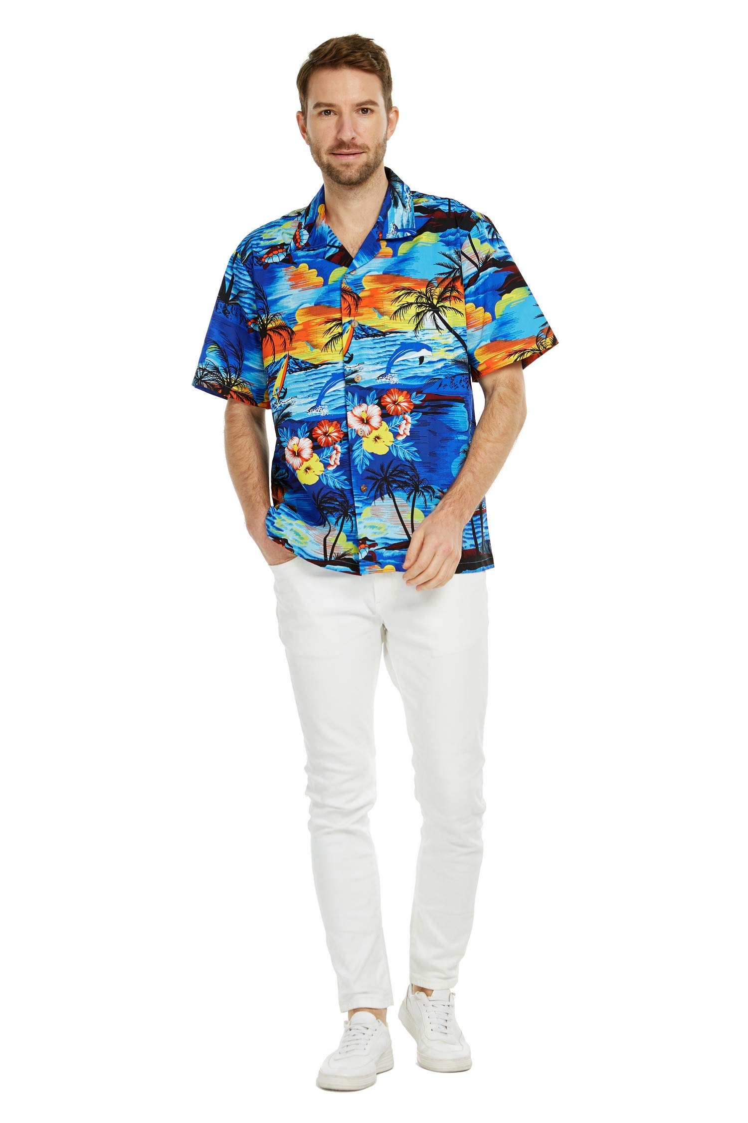 Vintage Matching Father Daughter Hawaiian Luau Dance Shirts - Tropical Sunset with Dolphin Print Aloha Shirts for Beach Party, Family Vacation & Dance Performance