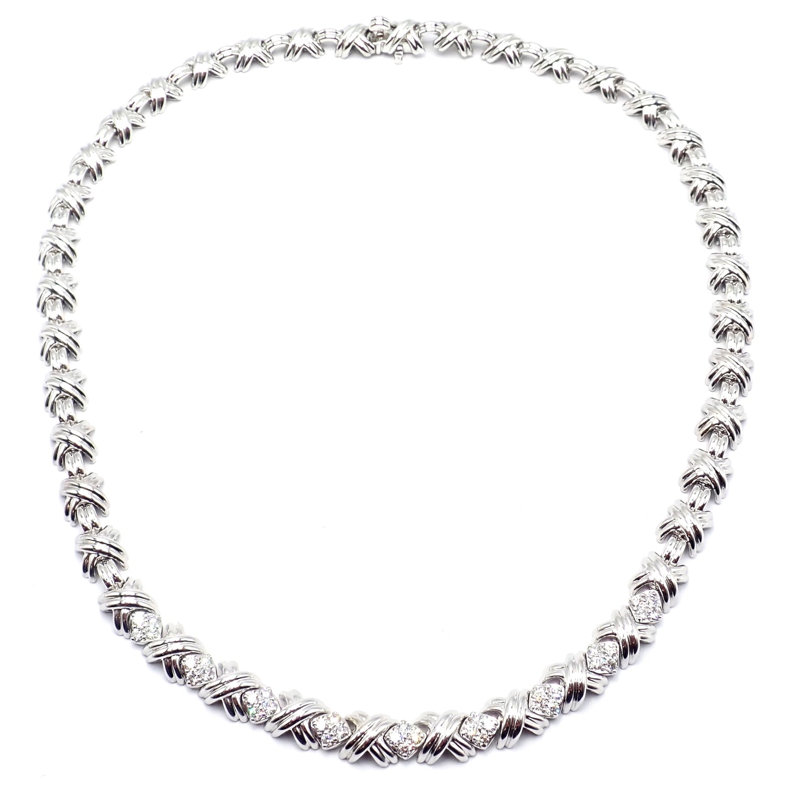 Authentic Tiffany & Co 18k White Gold Diamond Cluster Signature X Link Necklace for Women - Elegant Gift for Anniversary, Wedding & Special Occasions