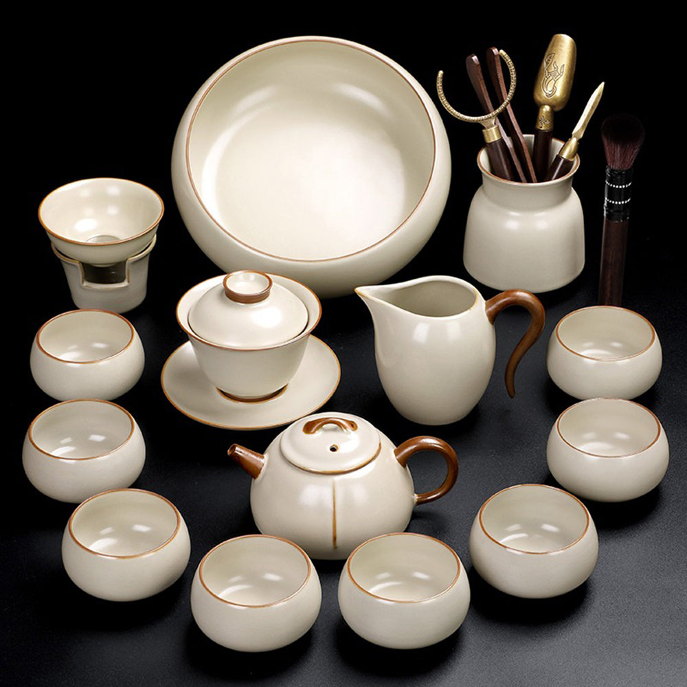Premium Yellow Ruyao Ceramic Tea Set with Black Stone Tea Tray - Elegant Chinese Tea Ceremony Gift for Home & Office Use
