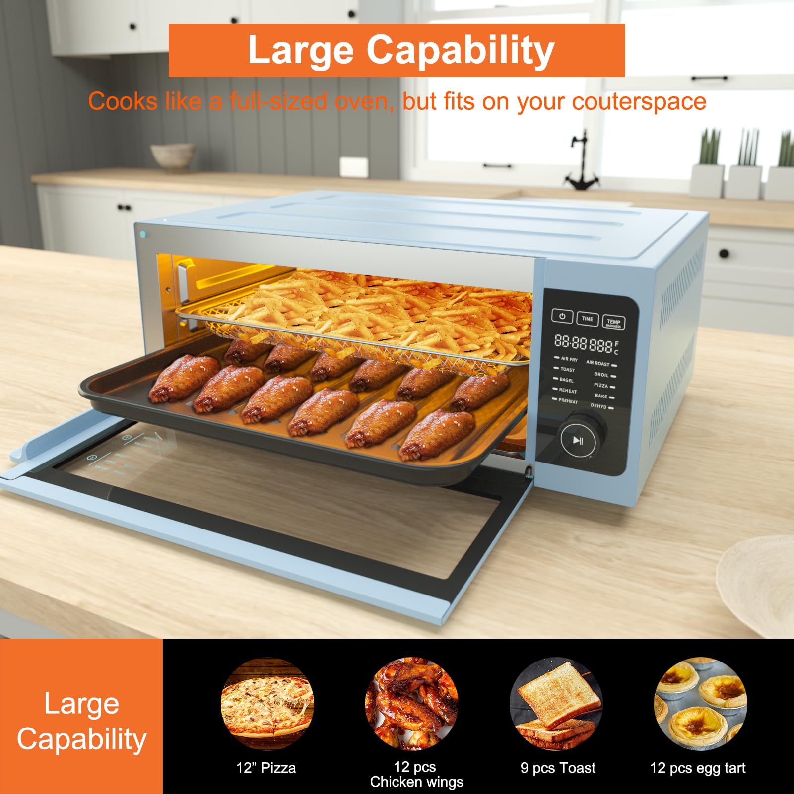 Fabuletta 10-in-1 Air Fryer Toaster Oven Combo - 1800W Countertop Convection Oven with Flip-Up Design for Space Saving | Oil-Free Cooking for 12
