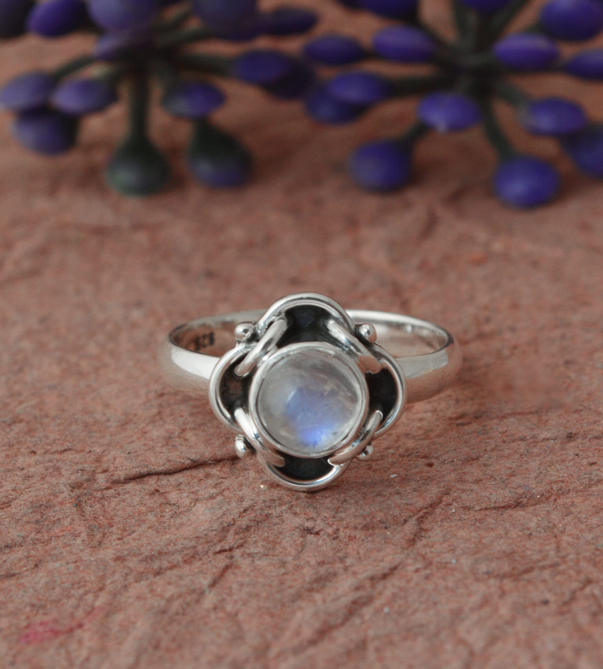 Natural Moonstone Ring for Women - 925 Sterling Silver Handmade Bohemian Jewelry, Round Moonstone Gemstone, Minimalist Mother's Gift (Size 7) | Perfect for Weddings, Date Nights & Boho Fashion
