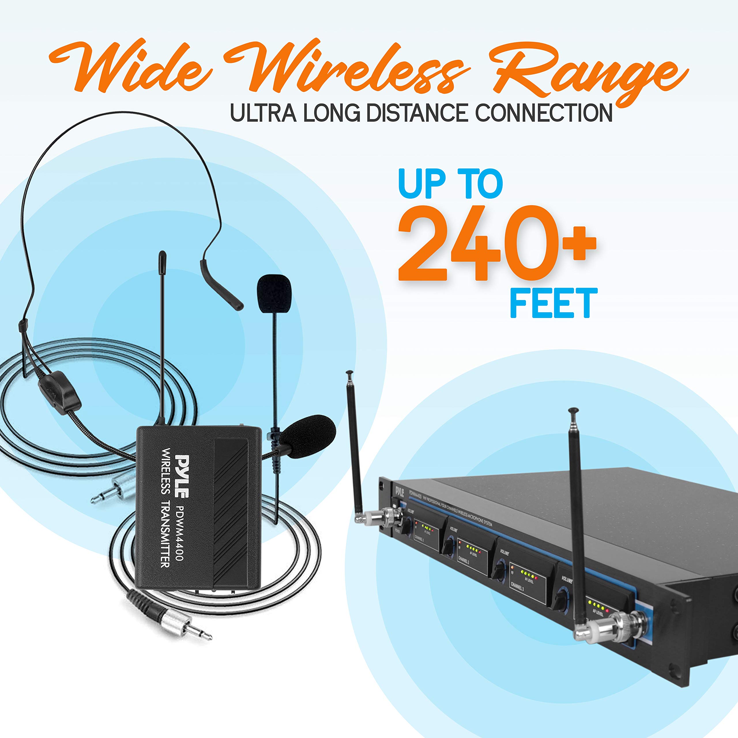Professional 4 Channel VHF Wireless Microphone System with 4 Headset & 4 Lavalier Mics - PDWM4400 for Karaoke, DJ, PA, Church & Live Performances | Includes 4 Transmitters, Receiver & XLR/1/4
