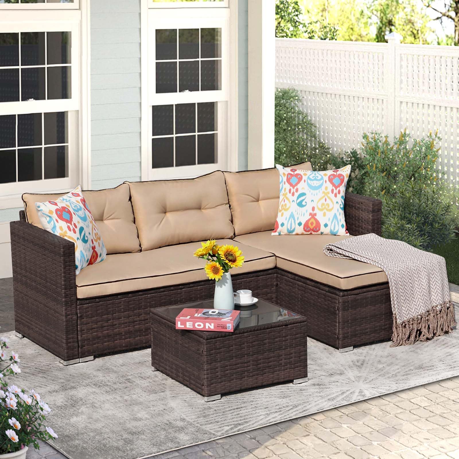 JOIVI Outdoor Patio Furniture Set - All-Weather Wicker Rattan L-Shaped Sectional Sofa with Cushions & Tempered Glass Coffee Table - Perfect for Backyard, Garden, Poolside or Balcony Relaxation (Beige)