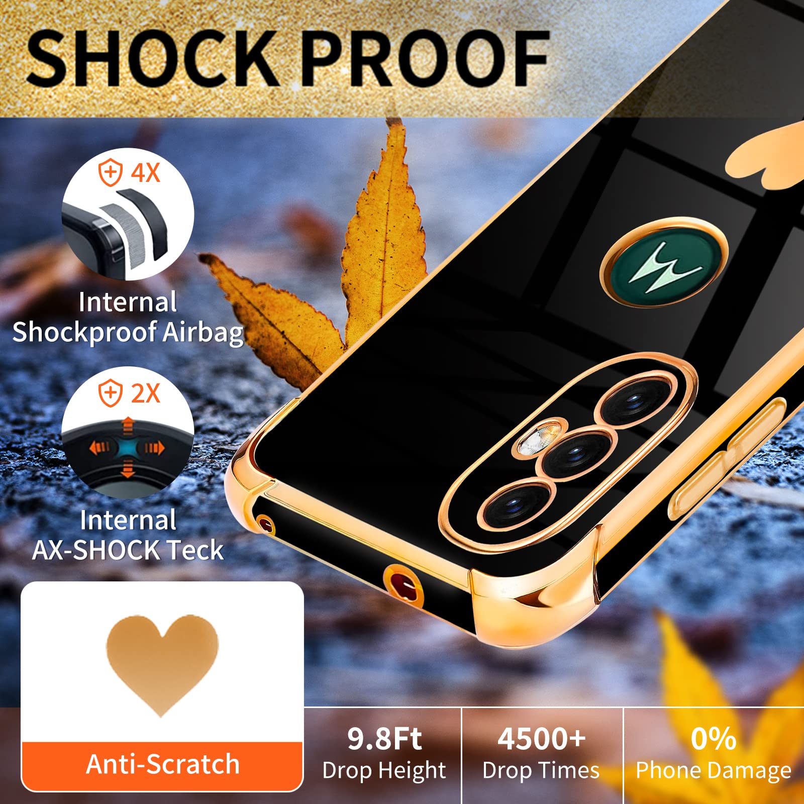 3-in-1 Heart Pattern Phone Case for Motorola Moto G Power 2022 (6.5 Inch) - Cute Aesthetic Love Design with Screen Protector & Chain - Perfect Gift for Women & Girls (Black Gold Luxury Girly Style) - Ideal for Daily Use, School, Work & Travel Protection