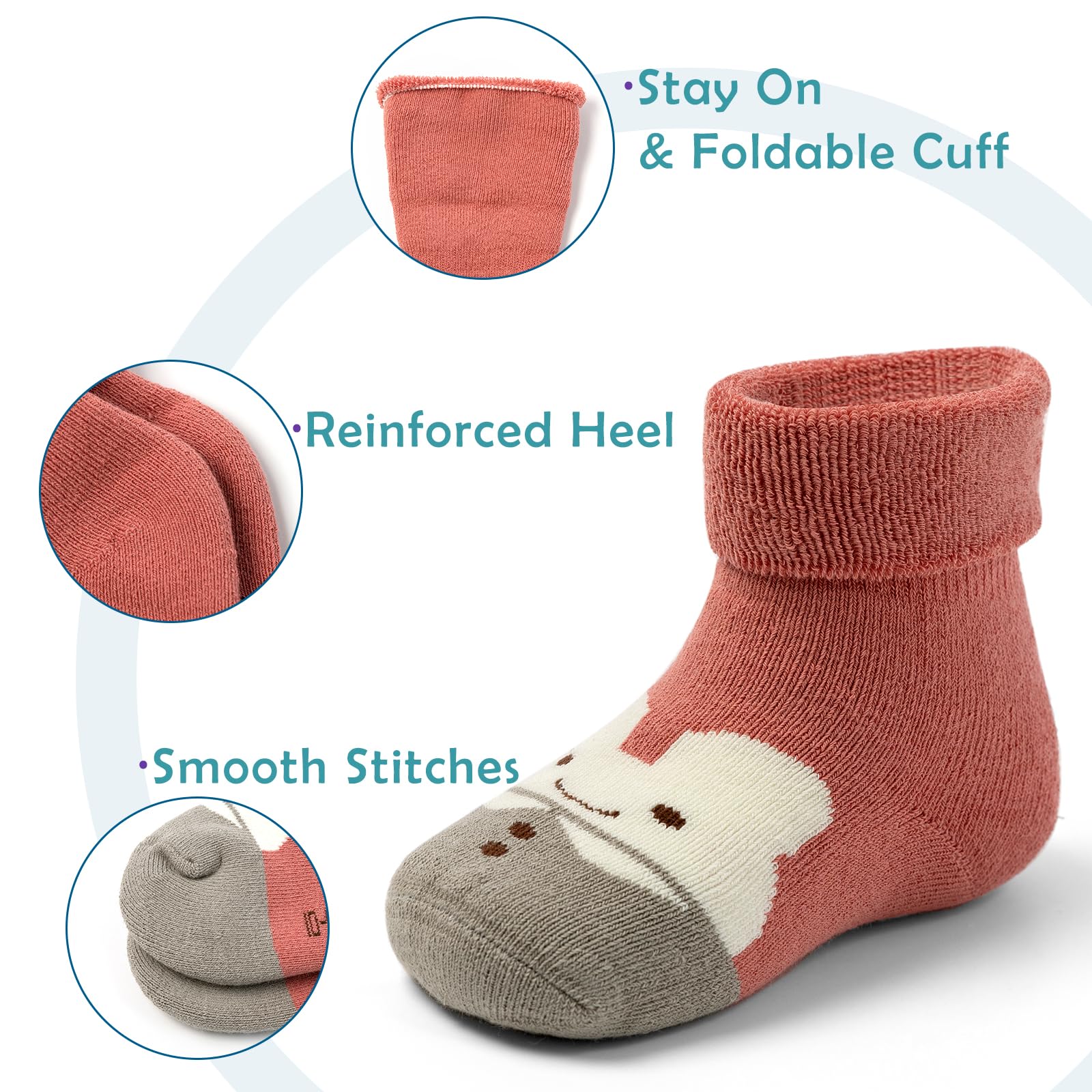 Moon Tree Non-Slip Baby Socks - Warm Winter Terry Socks with Grips for Girls & Boys - Perfect for Crawling, Playtime & Indoor Activities